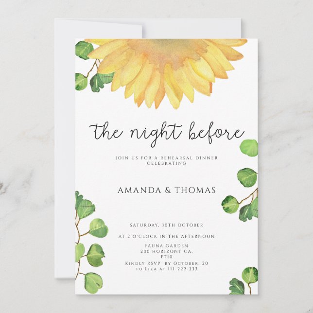 Sunflower the night before rehearsal dinner invitation (Front)