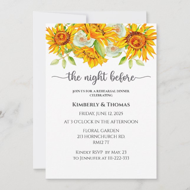 Sunflower the night before rehearsal dinner invitation (Front)
