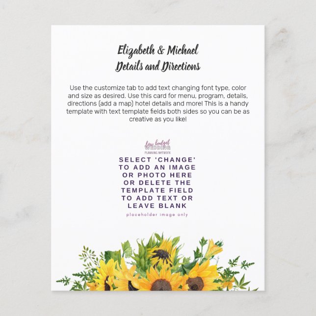 Sunflower Theme Wedding Details Menu Program Other (Front)