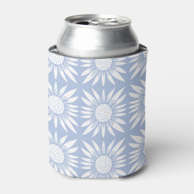 Sunflower Tile Pattern Blue White Can Cooler (Can Front)