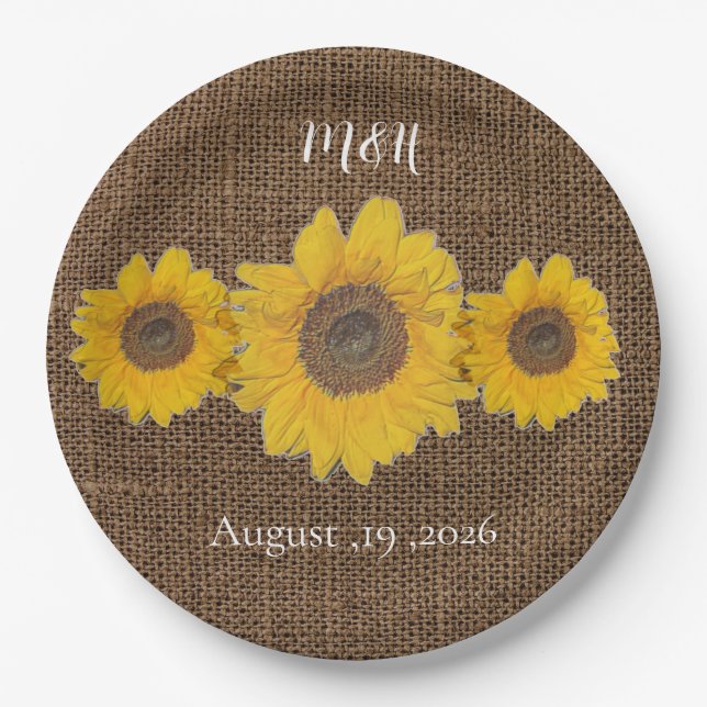 sunflower trio  in burlap look - rustic wedding paper plate (Front)