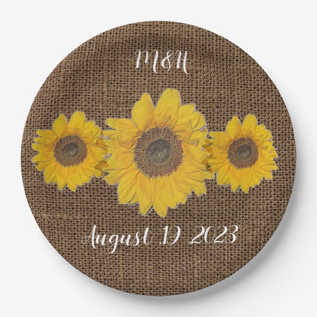 sunflower trio  in burlap look - rustic wedding paper plate (Front)