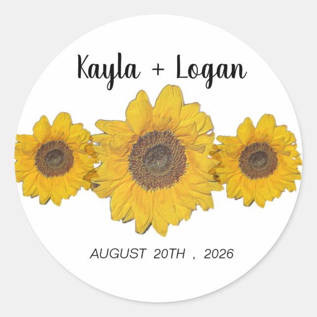 Sunflower trio - personalised wedding classic round sticker (Front)
