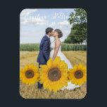 sunflower trio  - your wedding photo   magnet<br><div class="desc">Magnet featuring a trio of sunflowers with your wedding photo as the background . Great for your country weddings. Alma Wad's unique floral art in a harvest time/summer tone incorporates the couple's names and the date of their wedding into the flowers. To see my entire collection, type "sunflower trio" into...</div>