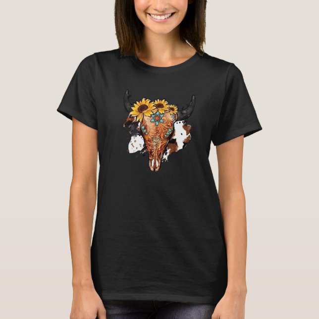 Sunflower Turquoise Boho Bull Skull Rodeo Western  T-Shirt (Front)