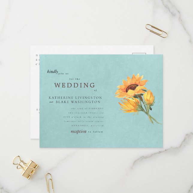 Sunflower Turquoise Budget Wedding Invitation (Front/Back In Situ)
