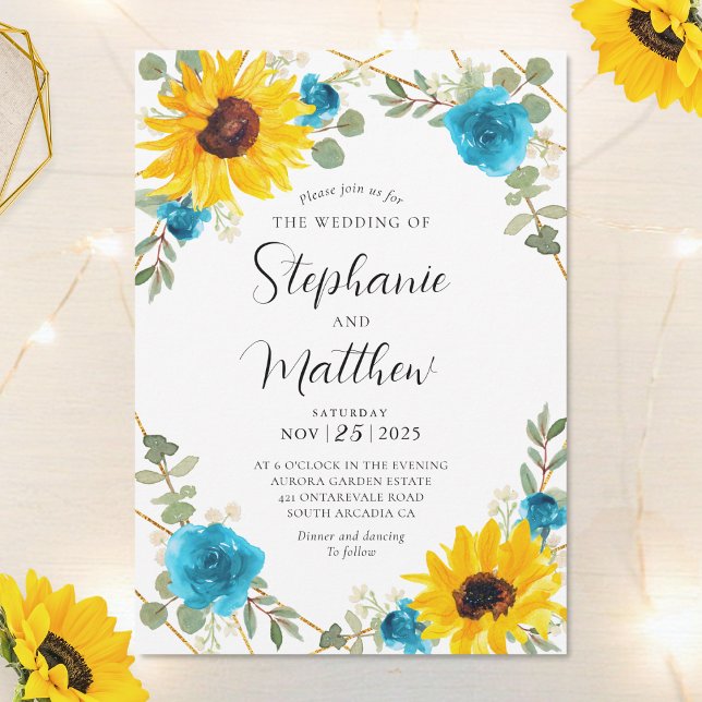 Sunflower Turquoise Rose Geometric Floral Wedding Invitation (Creator Uploaded)