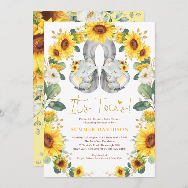 Sunflower Twin Elephant Baby Shower Yellow Floral Invitation (Front/Back)