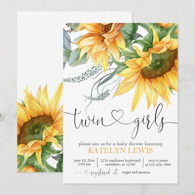 Sunflower Twins Baby Shower Invitation (Front/Back)