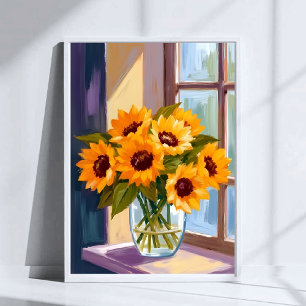 Sunflower Vase   Floral Yellow Bouquet Watercolor Poster