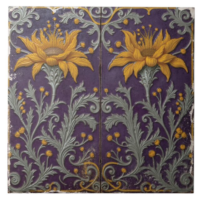 Sunflower Vignettes in Violet Ceramic Tile (Front)