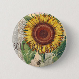 Sunflower Vintage Damask Flower Art 6 Cm Round Badge