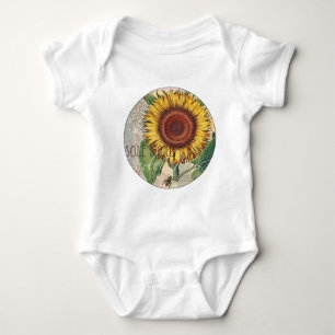 Sunflower Vintage Damask Flower Art Baby Bodysuit