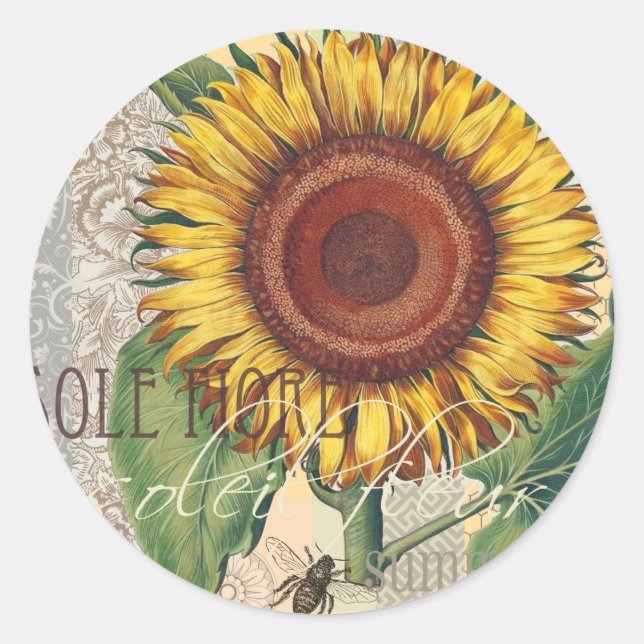 Sunflower Vintage Damask Flower Art Classic Round Sticker (Front)