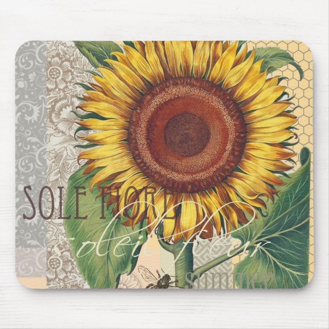 Sunflower Vintage Damask Flower Art Mouse Pad (Front)