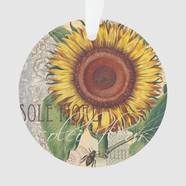 Sunflower Vintage Damask Flower Art Ornament (Front)