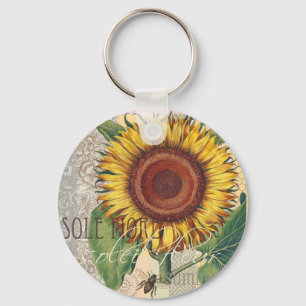 Sunflower Vintage Damask Wallpaper Collage Key Ring