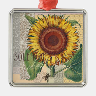 Sunflower Vintage Damask Wallpaper Collage Metal Ornament