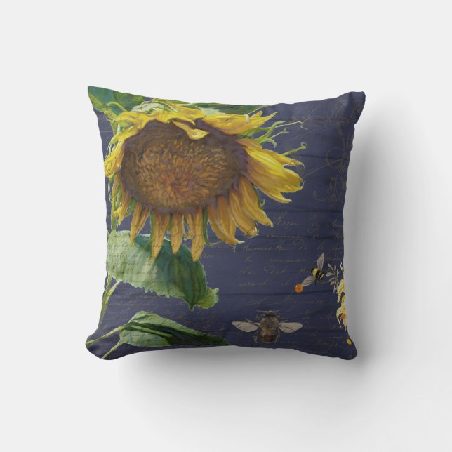 Sunflower w Bees Floral Script Rustic Navy Wood Cushion (Front)