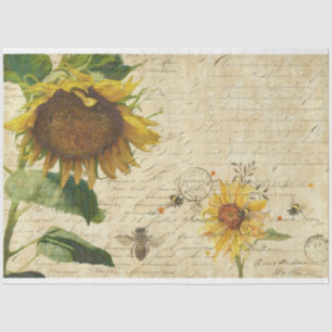 Sunflower w Bees Script Ephemera Vintage Decoupage Tissue Paper