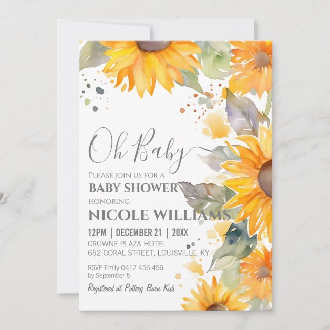 Sunflower Watercolor Baby Shower Painting Frame Invitation (Front)