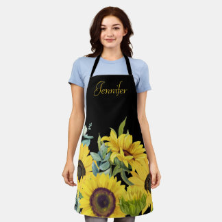 Sunflower Watercolor Black Background Monogram Apron