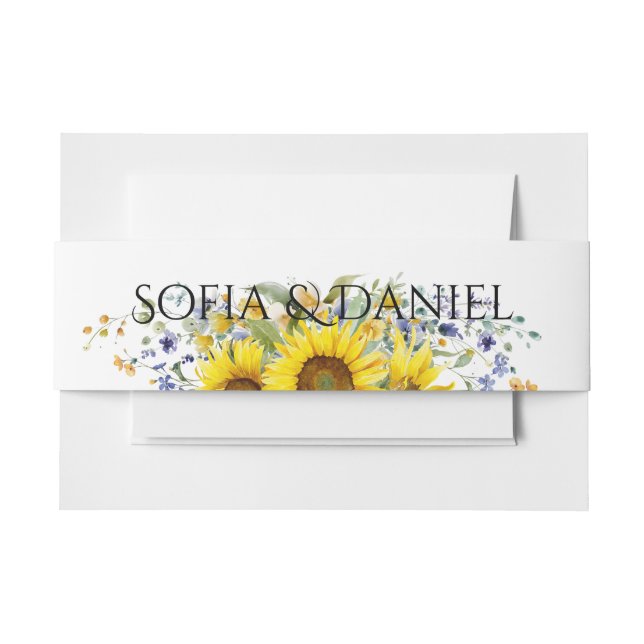 Sunflower watercolor blue wildflower wedding  invitation belly band (Front Example)