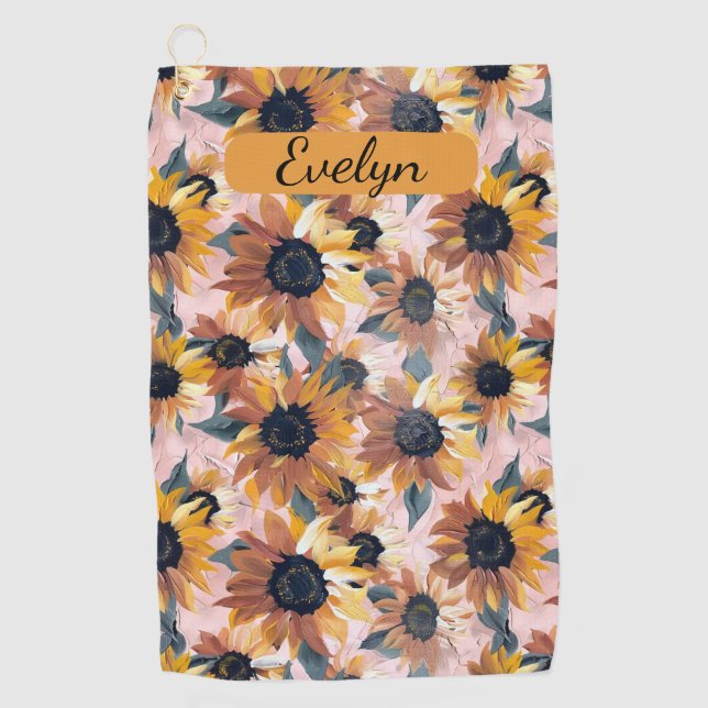 Sunflower Watercolor Design Golf Towel (Front)