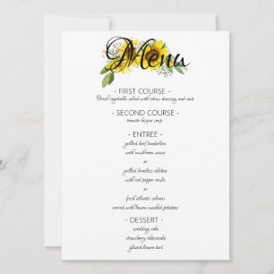 Sunflower watercolor  elegant wedding menu