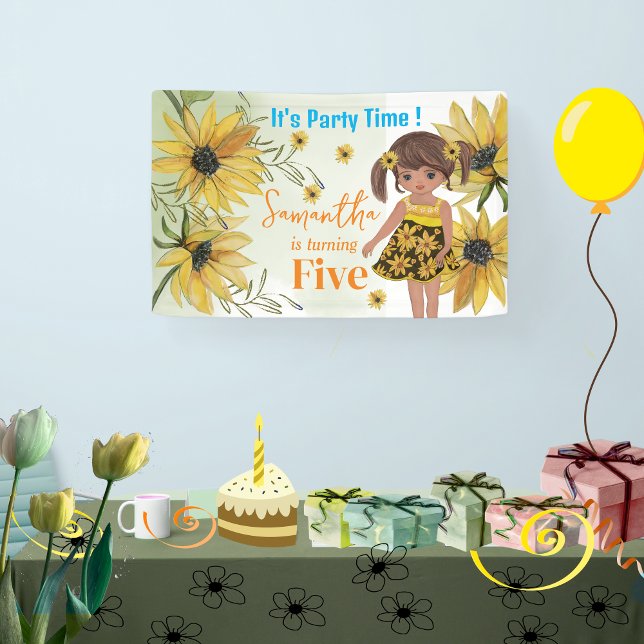 Sunflower Watercolor Fifth Girl Birthday Banner (Sunflower Watercolor Fifth Girl Birthday Banner)
