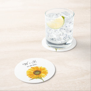 Sunflower Watercolor Floral Fall Elegant Wedding Round Paper Coaster