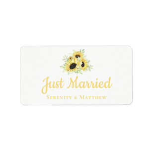 Sunflower Watercolor Floral Just Married Wedding Label
