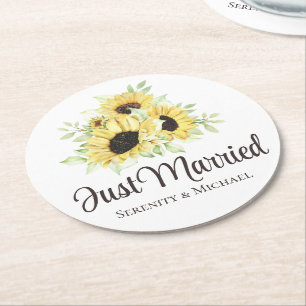 Sunflower Watercolor Floral Just Married Wedding Round Paper Coaster
