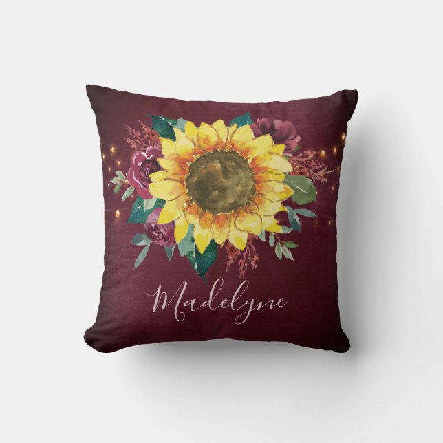 Sunflower Watercolor Floral Lights Burgundy Cushion (Front)