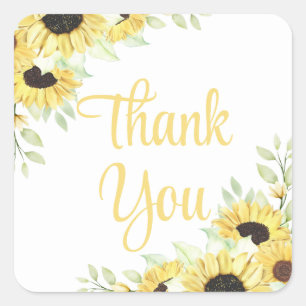 Sunflower Watercolor Floral Wedding Thank You Square Sticker