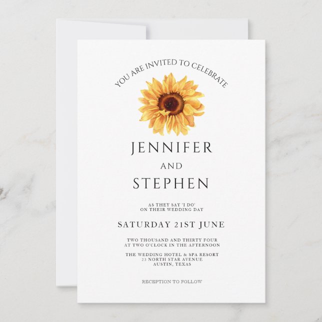 Sunflower Watercolor Minimalist elegant Wedding Invitation (Front)