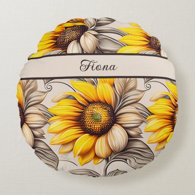 Sunflower watercolor pattern round cushion (Front)
