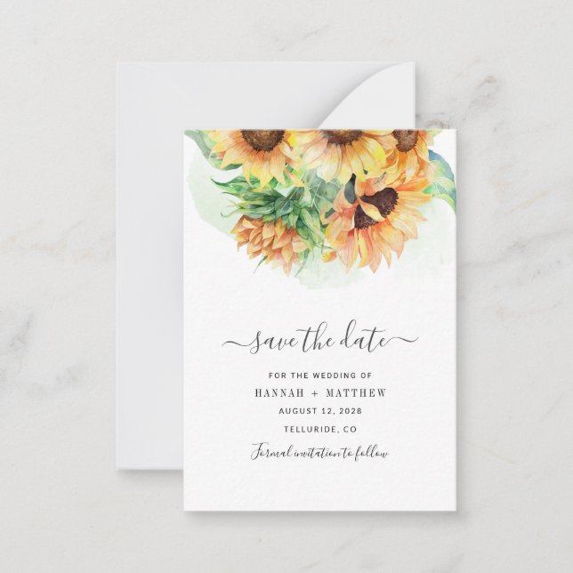 Sunflower Watercolor Script Wedding Save The Date Card (Front)