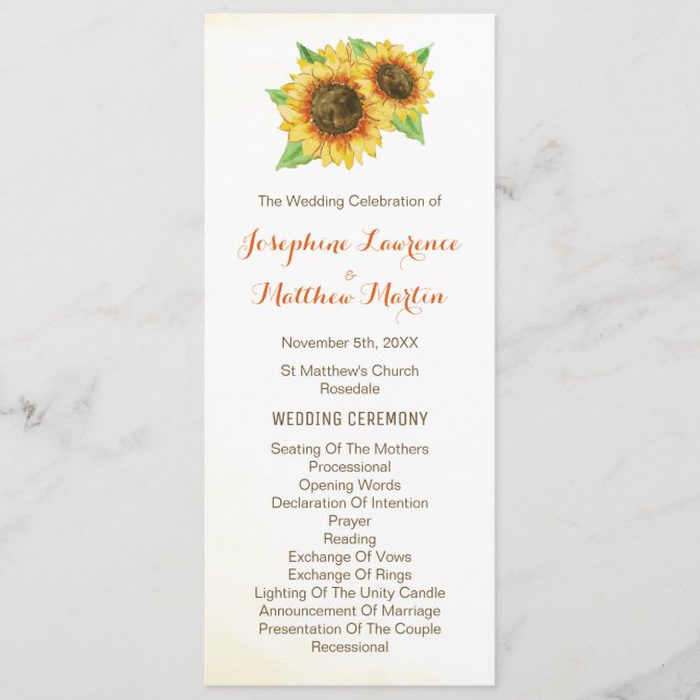 Sunflower Watercolor Wedding Programs (Front)