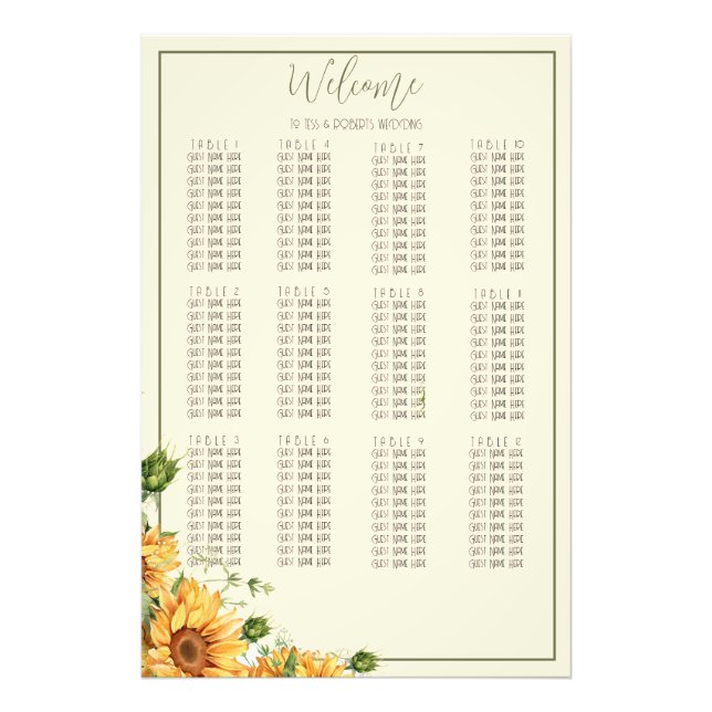 Sunflower Watercolor Wedding Seating Chart Print (Front)
