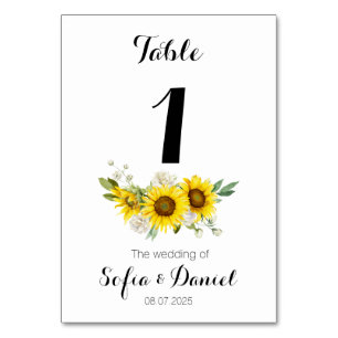 Sunflower watercolor white rose wedding table number