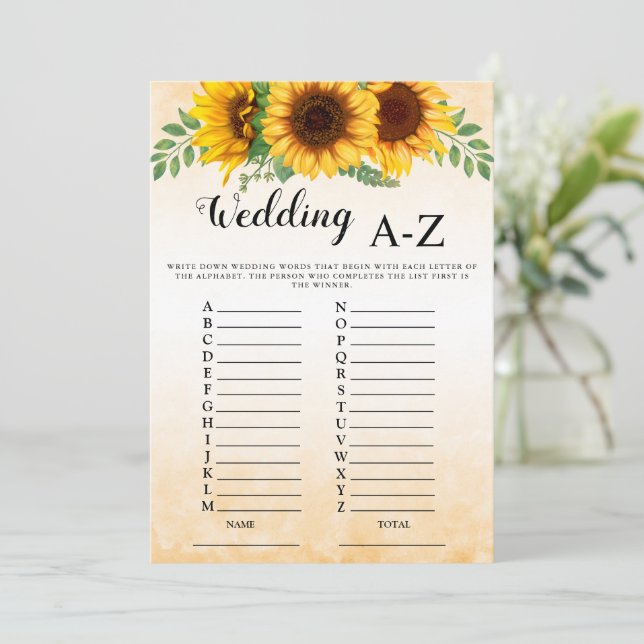 Sunflower Wedding A-Z  Bridal Shower Game  Invitation (Standing Front)