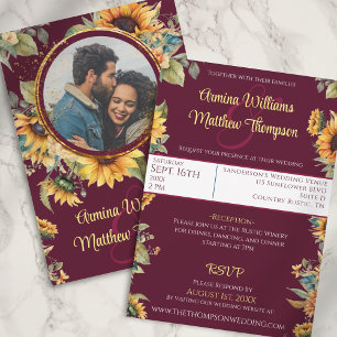Sunflower Wedding Burgundy All in One Photo Invitation
