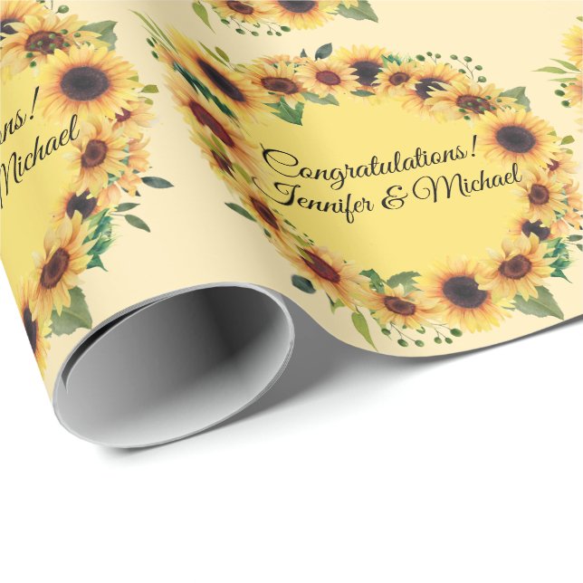 Sunflower Wedding Congratulations Add Names Summer Wrapping Paper (Roll Corner)