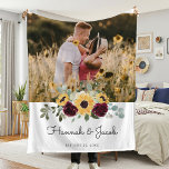 Sunflower Wedding Couple Photo Fleece Blanket<br><div class="desc">This rustic sunflower and burgundy roses country wedding couple photo blanket makes a perfect gift. This blanket features watercolor yellow sunflowers with burgundy roses and baby's breath and sage greenery. This is a perfect colour scheme for a late summer or fall wedding. Personalise with names and wedding date.</div>