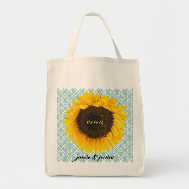 Sunflower Wedding Date Honeymoon Beach Bag (Front)