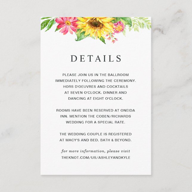 Sunflower Wedding Details Card (Front)