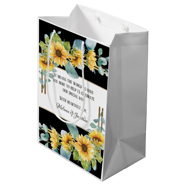 Sunflower Wedding Favour or Welcome Gift Bag/Black Medium Gift Bag (Back Angled)