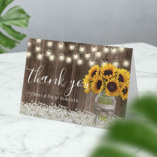 Sunflower Wedding Floral Jar Rustic Barn Wood Thank You Card