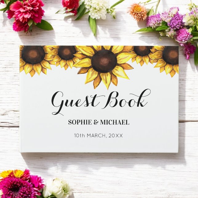 Sunflower Wedding Floral White Yellow Guest Book (Creator Uploaded)